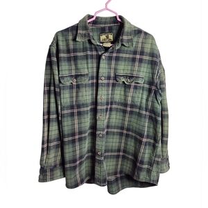 Field and Stream Heavy Green Plaid Flannel Shacket Button Jacket XL Vintage